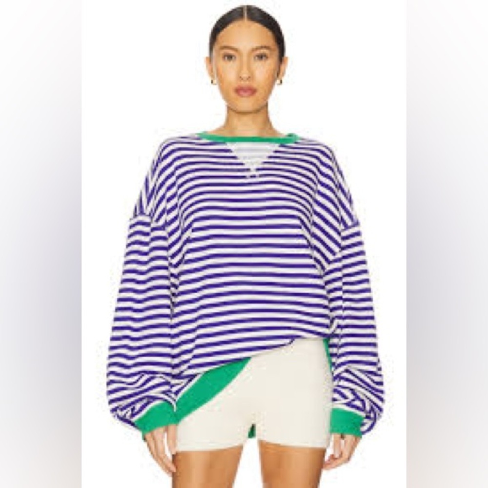 FREE PEOPLE Classic Striped Oversized Crewneck / Sand Dollar Combo